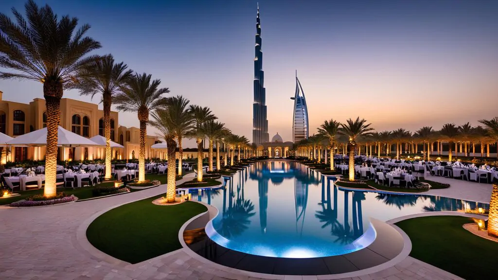 A luxurious area with a swimming pool, palm trees and covered tables under umbrellas Territory with a swimming pool