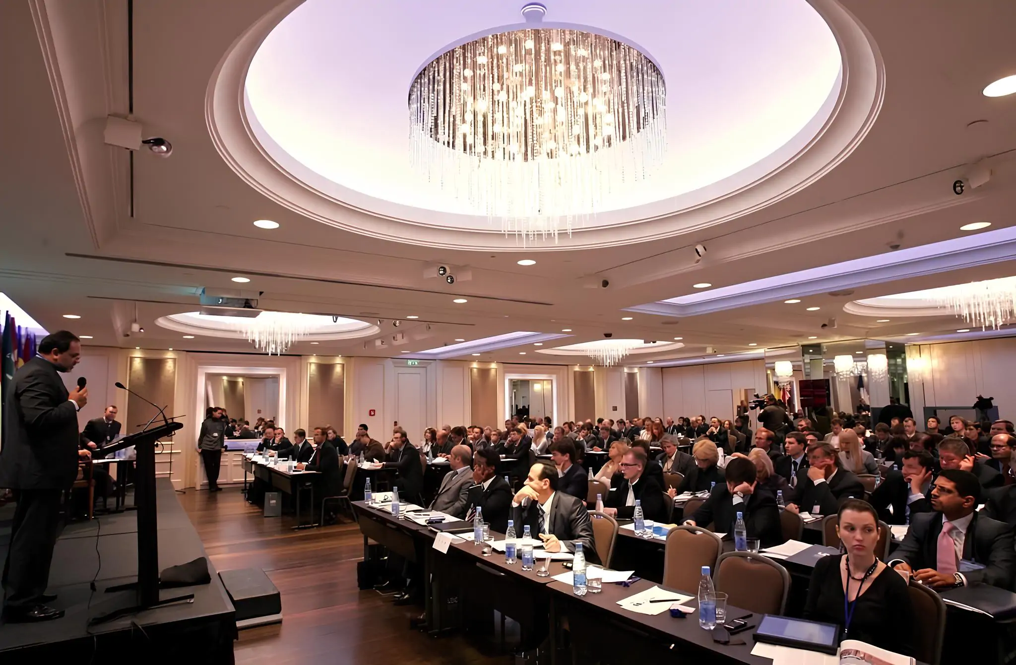 A man performs on stage in front of other conference participants in a large hall Big Conference