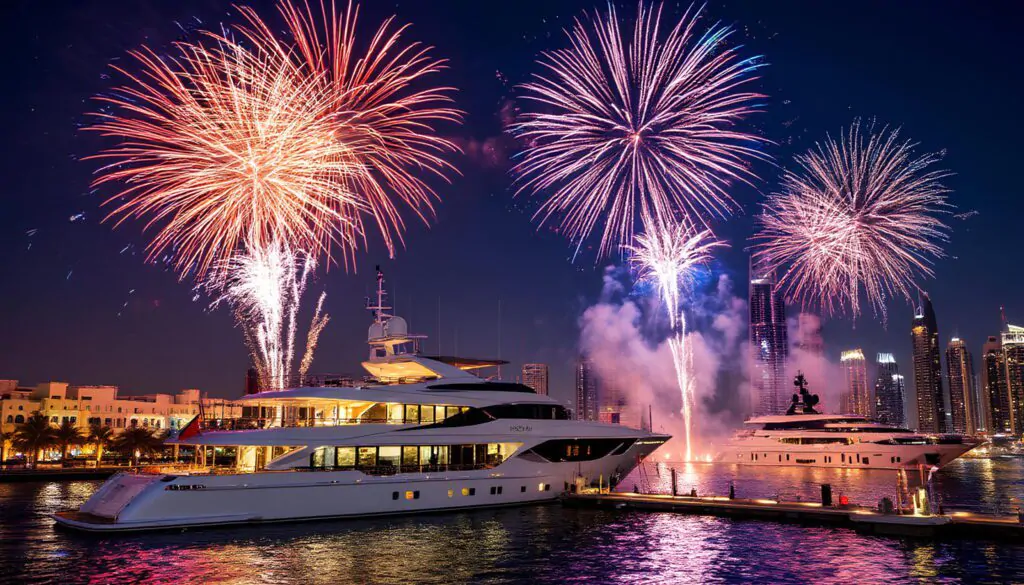A white yacht stands at the pier, fireworks in the background Yacht on the background of fireworks