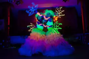 Actors in bright costumes