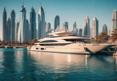 Majestic white yacht on water in a scenic Dubai bay Large white yacht in Dubai bay