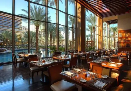 Restaurant with panoramic windows overlooking a pool and palm trees Restaurant with a view of the pool and palm trees