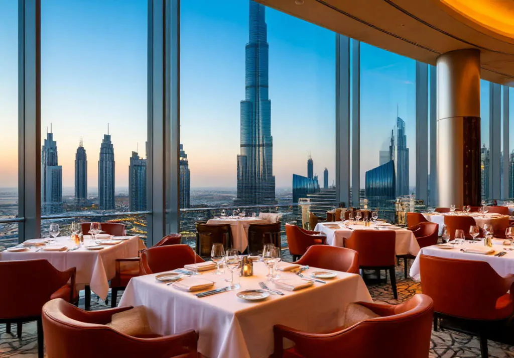 Panoramic view of Dubai skyscrapers from a restaurant