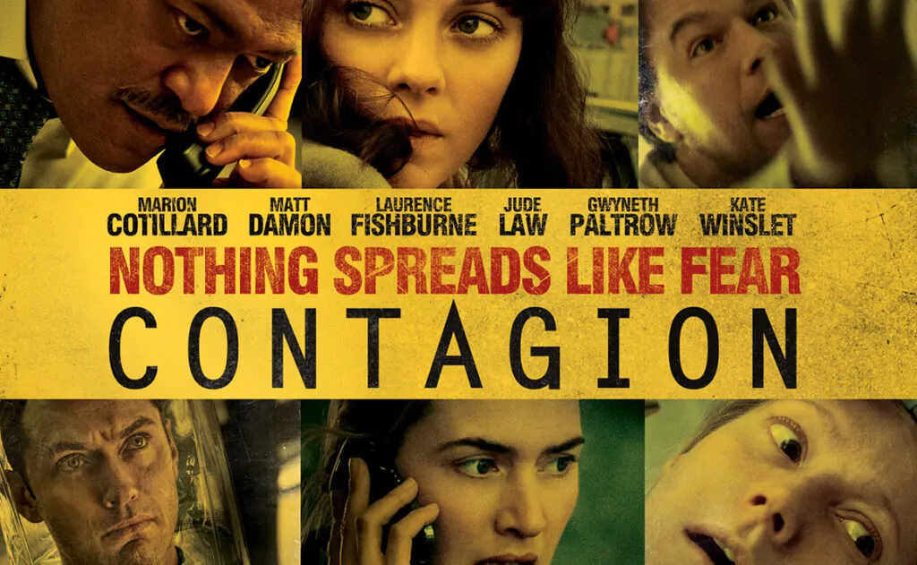 Film poster for \"Contagion\" featuring the tagline \"Nothing spreads like fear\" and names of the star Film poster for "Contagion"